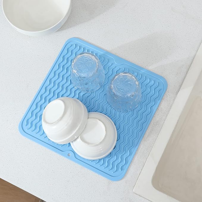 Silicone Dish Drying Mat for Multiple Usage,Easy clean,Eco-friendly,Heat-resistant Silicone Mat for Kitchen Counter or Sink,Refrigerator or Drawer liner Light Blue M 12 inches x 12 inches
