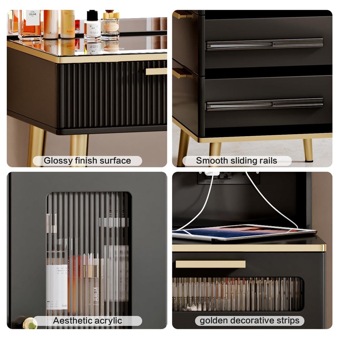 Arulvmrn 47.24" Big Modern Vanity Desk with Mirror and Lights, Vanity Desk with 29.53" HD Lighted Mirror, Makeup Vanity with 5 Drawers and Storage Shelves and Charging Station, Black2