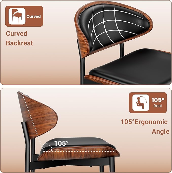 YaFiti Dining Chairs Set of 2, Dining Room and Kitchen Chairs, Mid Century Modern Retro Chair, Upholstered PU Leather Chairs for Vanity with Walnut Bentwood and Metal Legs (Black)