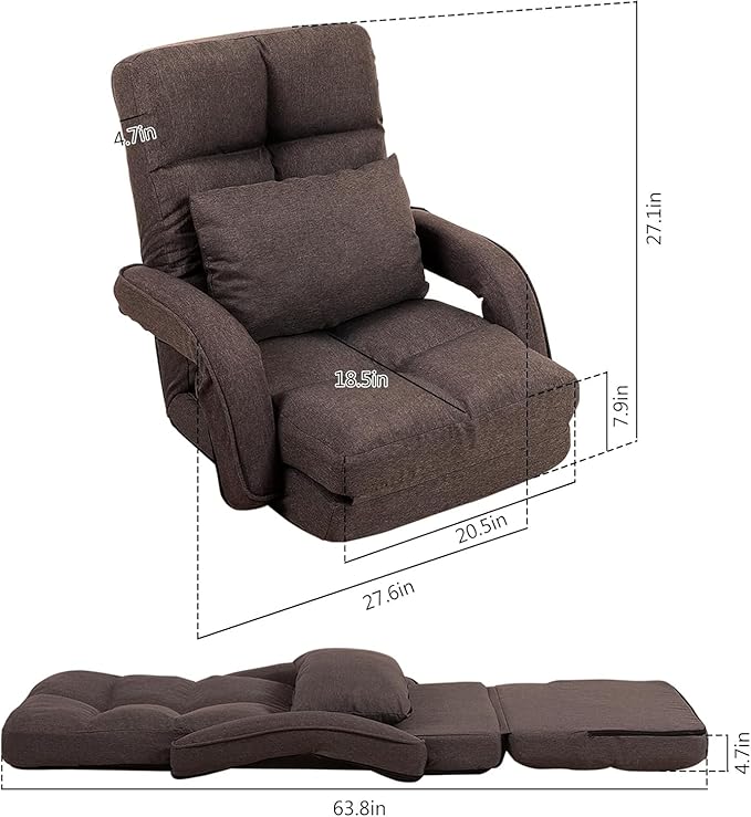 DeeLyan Indoor Floor Chair with Armrest and Pillow Folding Chaise Lounge Sofa 14-Position Adjustable Comfy Gaming Recliner Chair Padded Seats for Adults(Brown)