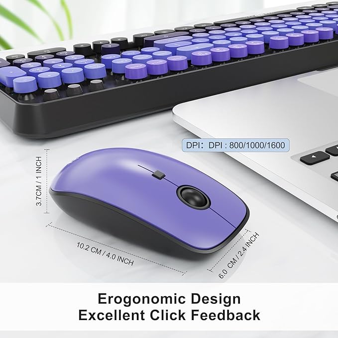 FOPETT Wireless Keyboard and Mouse Combo - 2.4G Full-Sized Cute Colorful Mouse and Keyboard with 104 Round Keys Retro Typewriter Keyboard for Laptop/Windows/PC - Black Purple