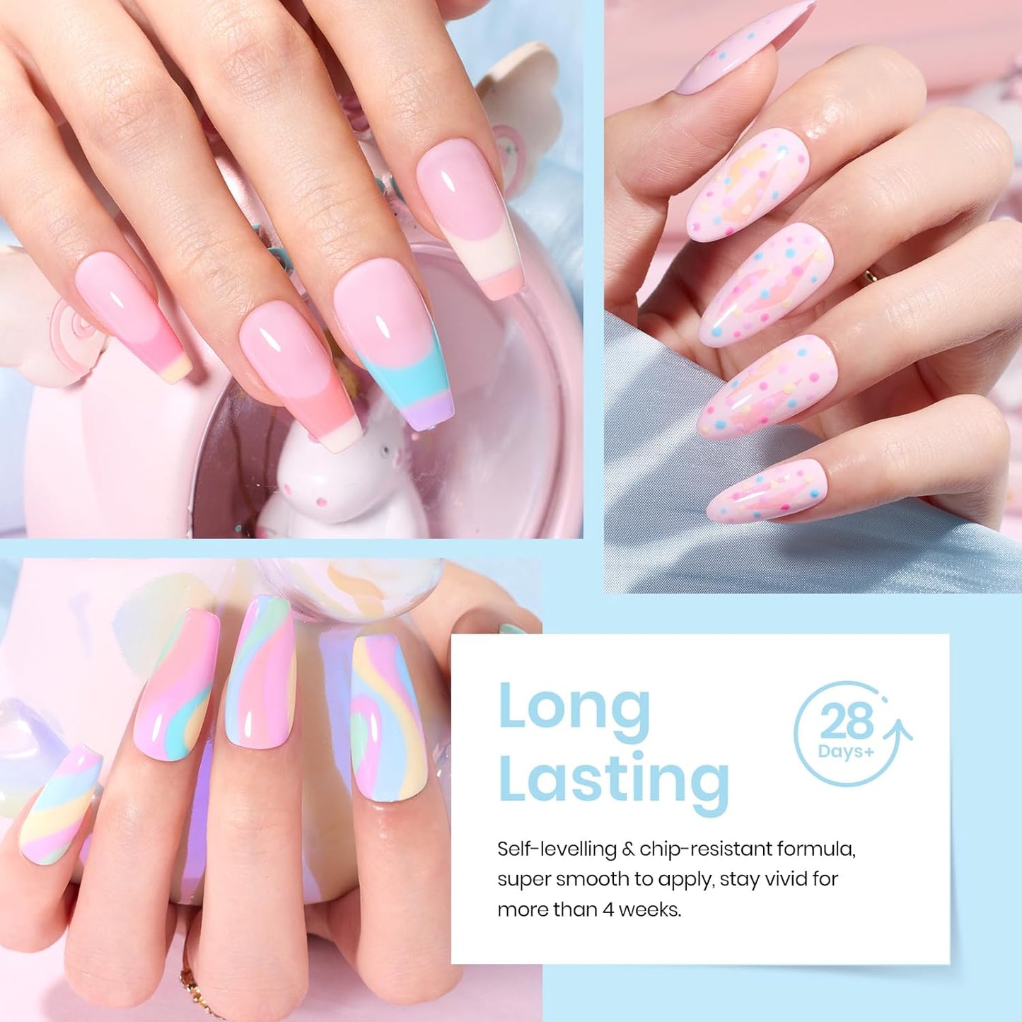beetles Gel Polish Nail Set 20 Colors Spring Pastel Girly Sparkle Glitter Uv Gel Dreamy Town Collection Macaroon Bright Pastel Nail Manicure Kit with 3Pcs Base Top Coat Gift for Women