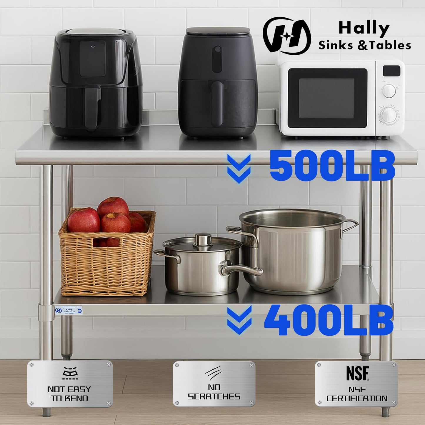 Hally Sinks & Tables H Stainless Steel Table for Prep & Work 24 x 60 Inches, NSF Commercial Heavy Duty Table with Undershelf and Backsplash for Restaurant, Home and Hotel