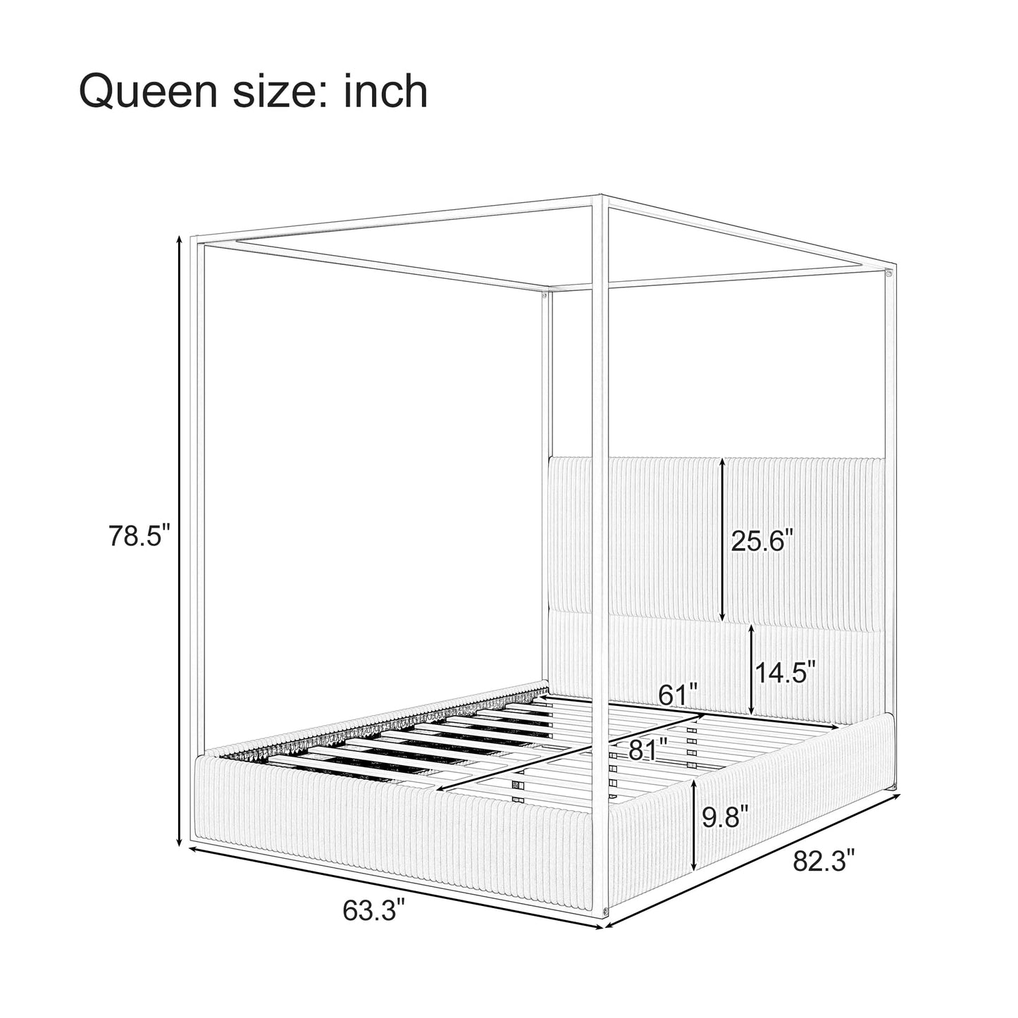 LUMISOL Queen Size Upholstered Canopy Bed, Metal 4 Poster Platform Bed with Tall Corduroy Headboard, Black Canopy Bed Frame with Headboard, No Box Spring Needed, White