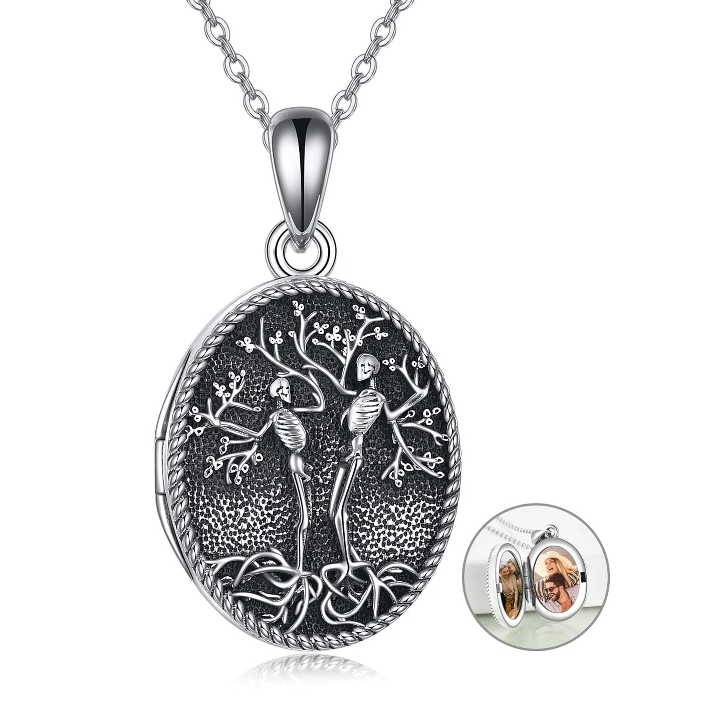 ONEFINITY Skull Locket Necklace Sterling Silver Skeleton Tree of Life Locket Necklace That Holds Pictures Couple Skull Locket Pe