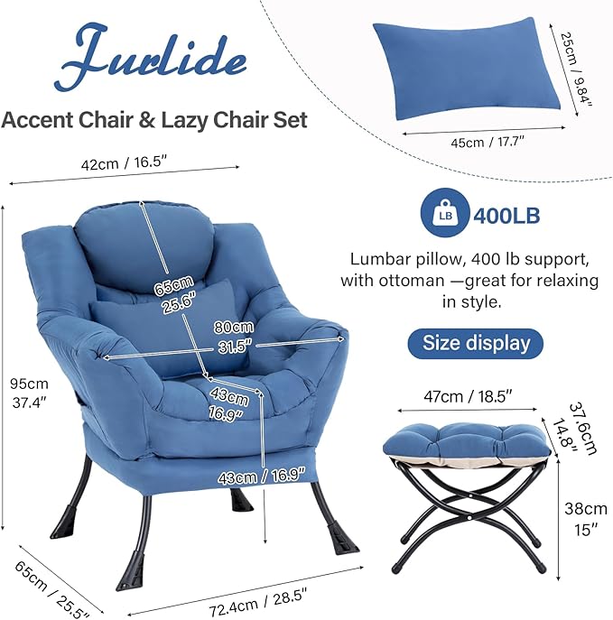 Furlide Lazy Chair with Ottoman, Modern Lounge Chair with Lumbar Pillow, Accent Cozy Reading Armchair and Folding Footstool for Bedroom, Dorm, Living Room,Peacock Blue