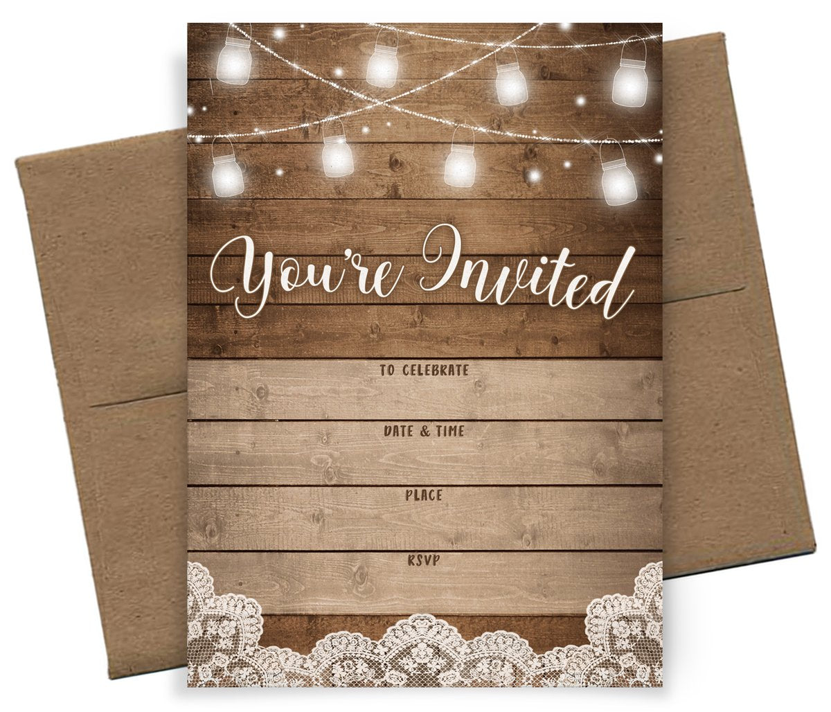 Printed Party Fill-in Invitations and Envelopes, Rustic, Set of 25