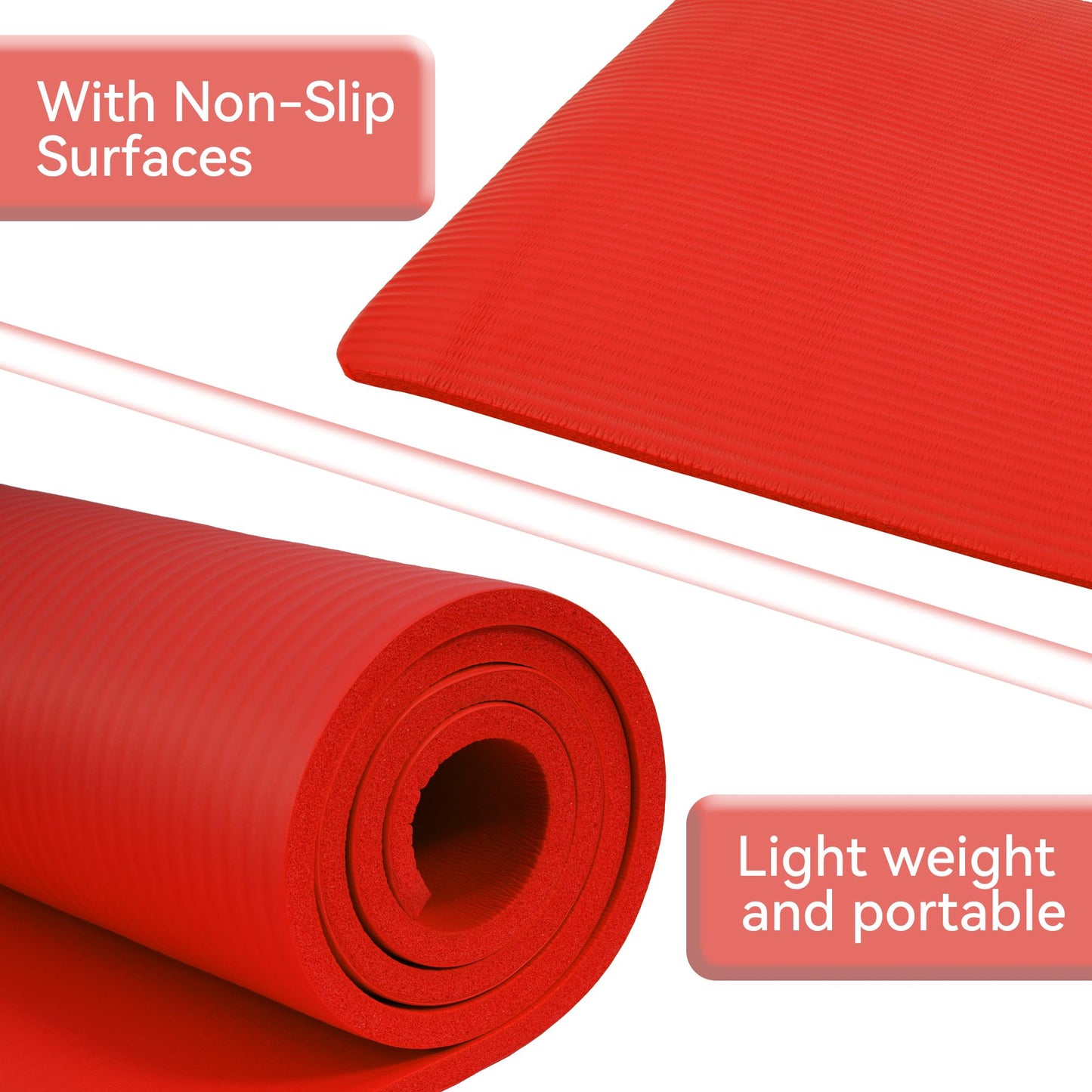 Fitvids 1/2-Inch Thick High Density Foam Exercise Yoga Mat with Carrying Strap, For Cushioning The Body Against Hard Floors, Red
