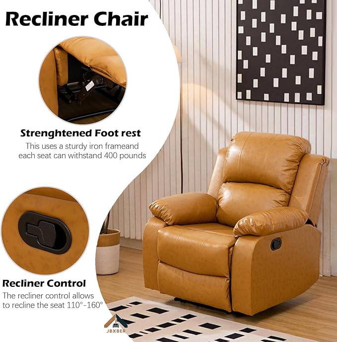 JBXBER Manual Recliner Sofa Set for Living Room, Leather Reclining Sofa Sets, Faux Leather Couch Set with Cup Holders, Drop-Down Table and Storage Console(3 Piece Set,Ginger)