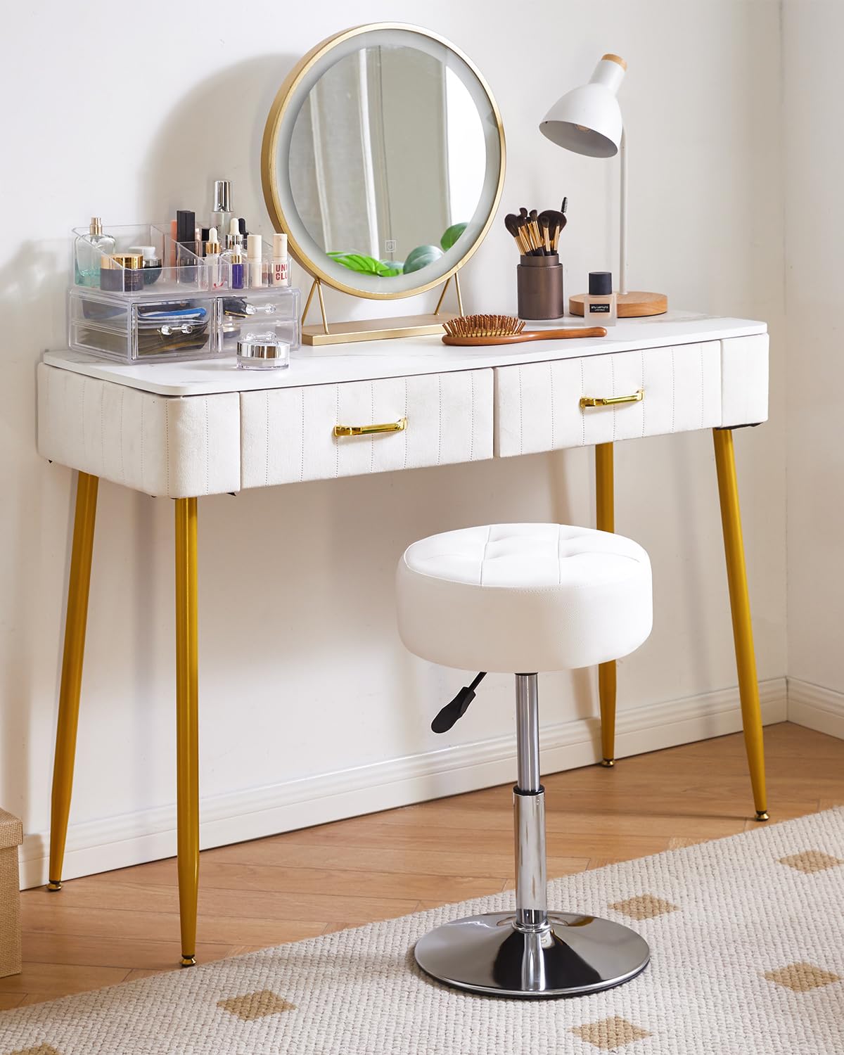 IBUYKE Height Adjustable 360°Swivel Vanity Stool, Tufted Round Vanity Chair for Makeup Room, Faux Leather Vanity Stool for Bathroom, Living Room, Modern Ottoman, White WBD025W