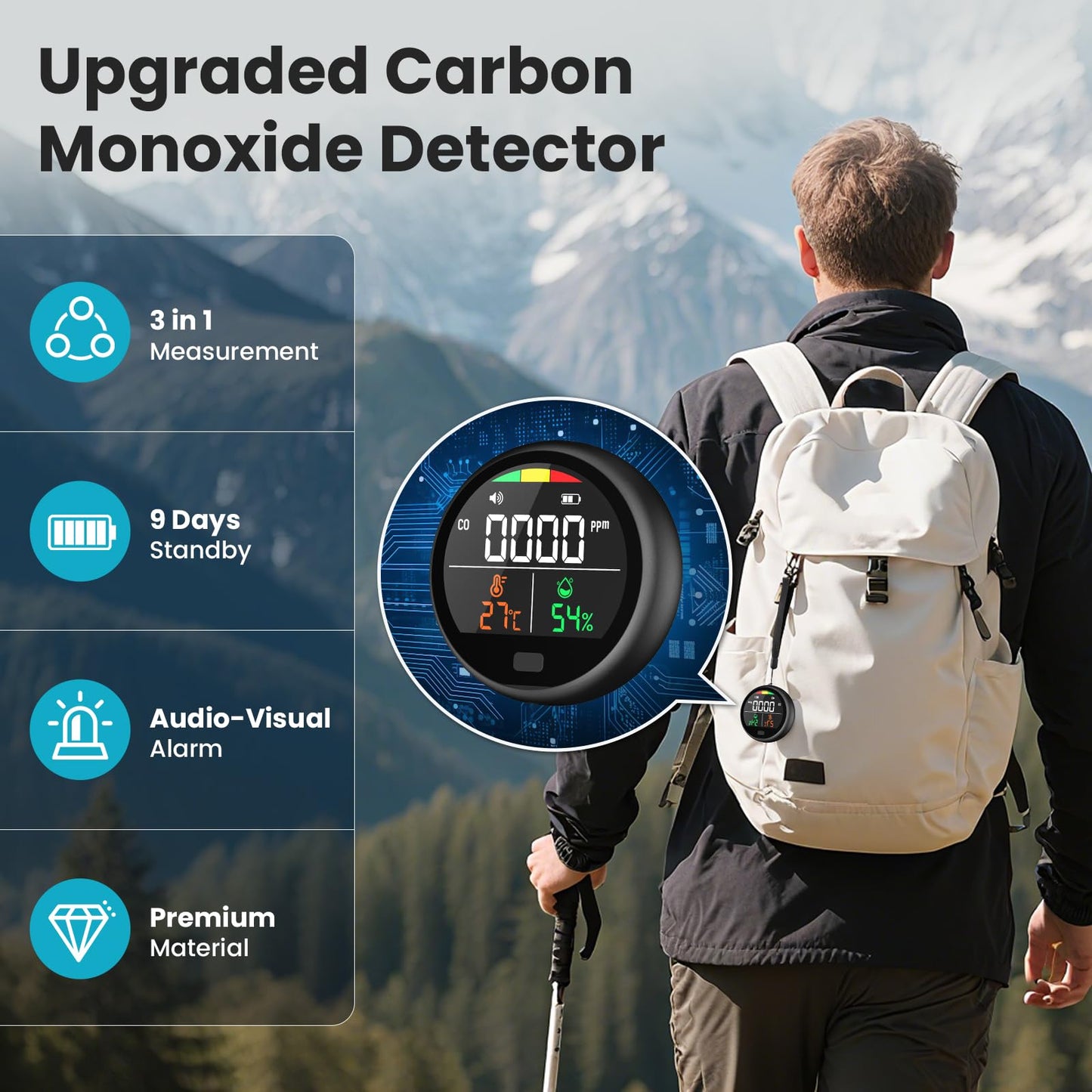 Portable Carbon Monoxide Detector for Travel - 3-in-1 Rechargeable CO Monitor with Temp & Humidity Sensor, Loud Audible & Visual Alarm, 220H Standby CO Detector for Hotel, Camping, Car, RV & Home