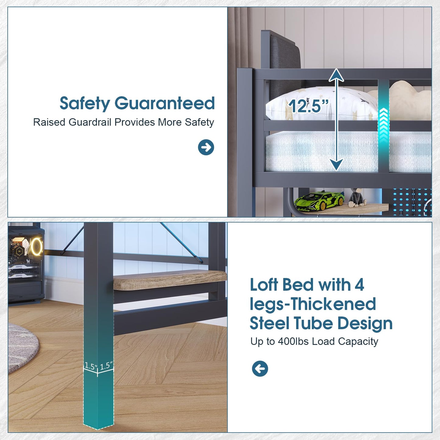 Loft Bed with Desk, Twin Bunk Bed with Desk Underneath,Loft Bed with Stairs,LED Lights and Charging Station,Safety Guard & Ladder & Fabric Drawer, loft Bed Twin Size No Box Spring Needed, Oak Gray