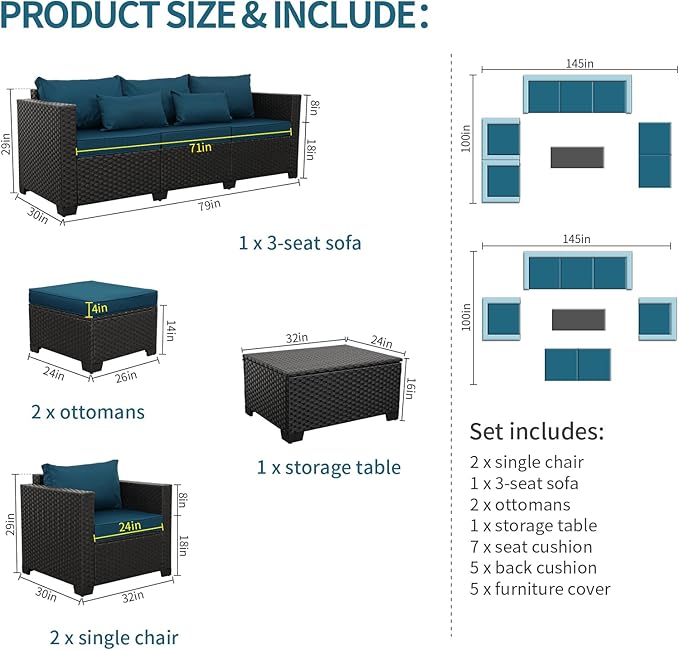 Rattaner Patio Furniture Set 6 Pieces Couch Outdoor Chairs Coffee Table Peacock Blue Anti-Slip Cushions and Waterproof Covers