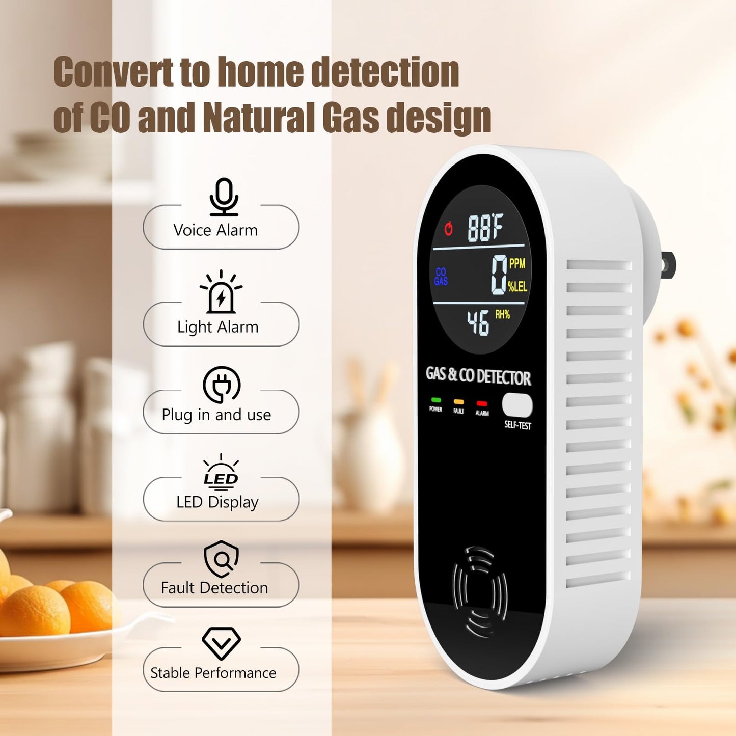 Plug in Natural Gas Detector ＆ Carbon Monoxide Detector 4 in1 CO Methane Combustible Combination Gas Detector Plug and Play for RV Home Travel