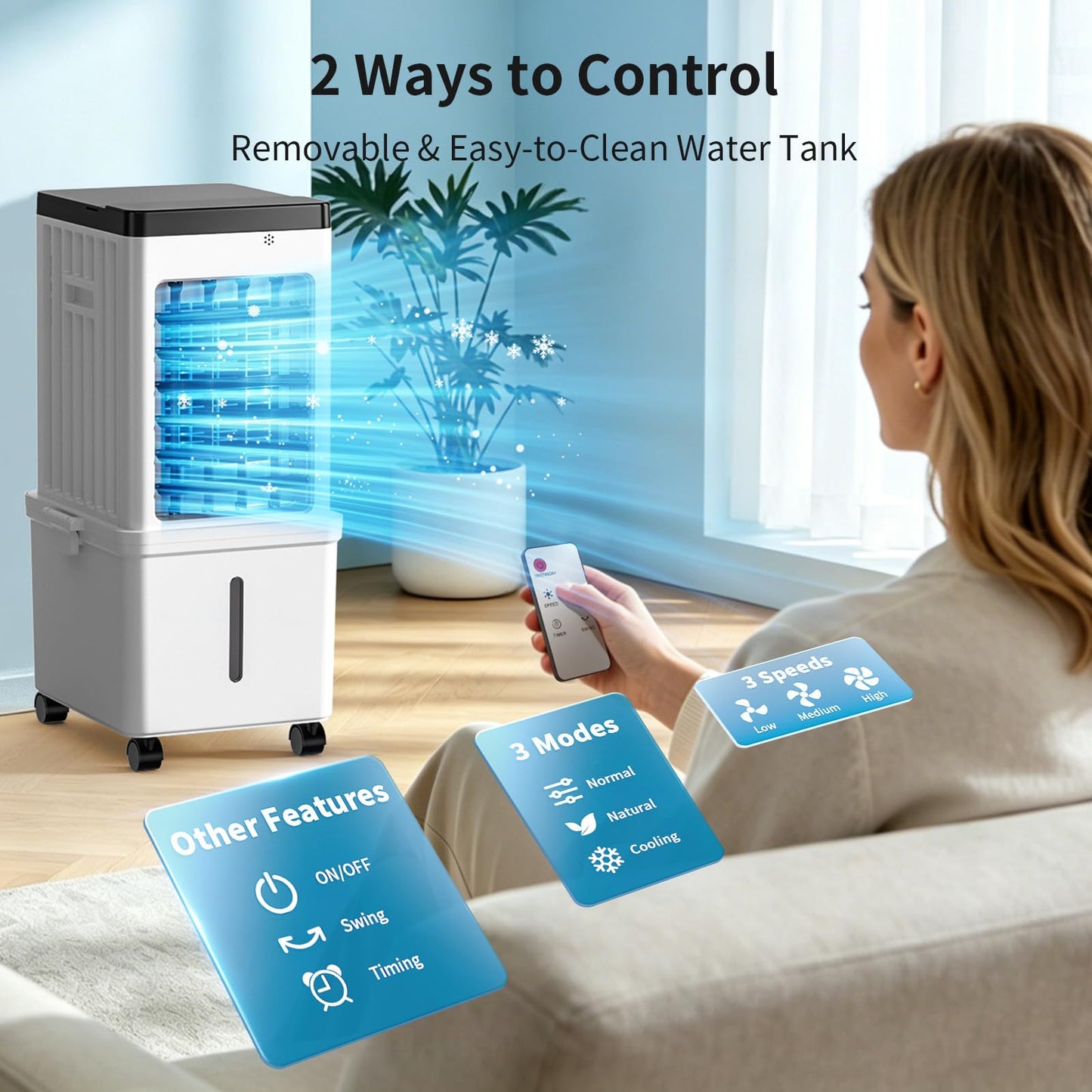Simersure Portable Air Conditioners, 3-in-1 Portable AC Unit with Removable 2.6 Gal Water Tank, Dehumidifier & Fan, Evaporative Air Cooler Windowless with 3 Wind Speeds for Bedroom Office Garage