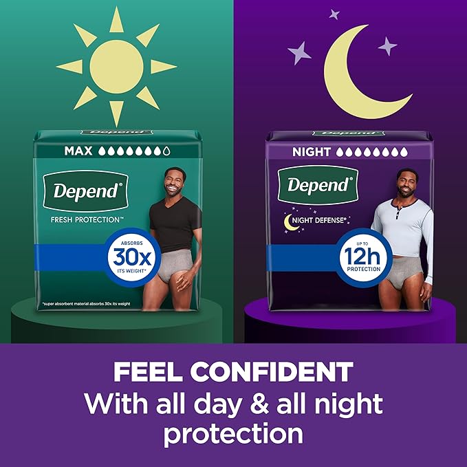Depend Night Defense Adult Diapers, Incontinence Underwear for Men, Disposable, Overnight, Small/Medium, Grey, 16 Count, Packaging May Vary
