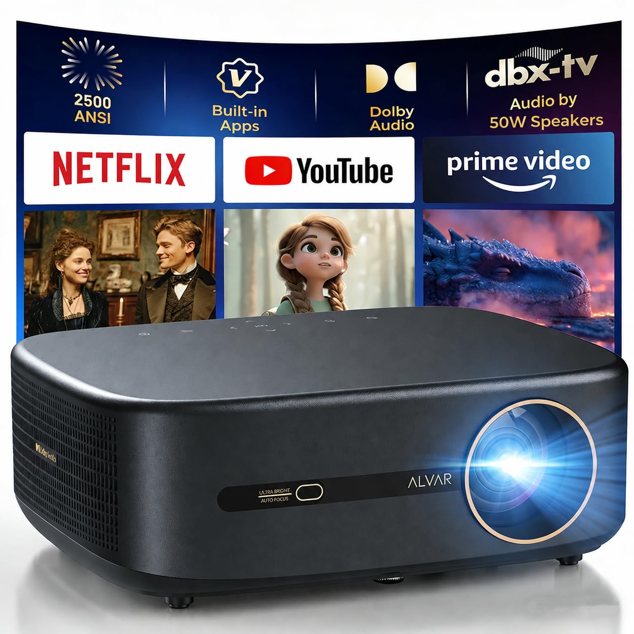 Alvar Smart Projector 2026 Upgraded, 2500 ANSI, 4K Supported, Built in NetfIix App, DoIby Audio & 50W Speakers, Auto Focus, WiFi 6, Bluetooth 5.3, Home Theater & Outdoor Movie Projector, Black