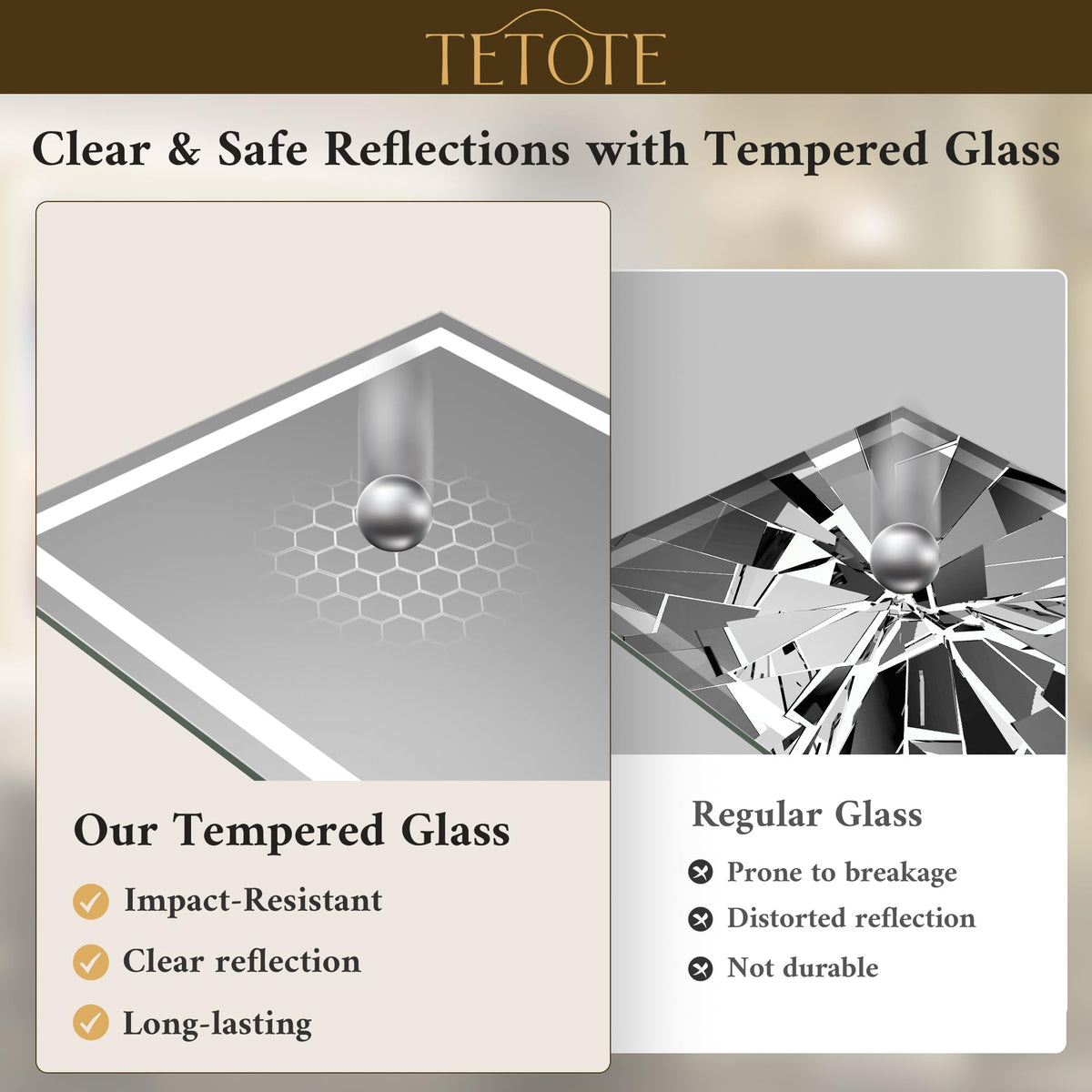 TETOTE 24 x 36 LED Bathroom Mirror LED Mirror Bathroom Decor Vanity Makeup Mirror Dimmable Anti-Fog Wall Mounted Bathroom Mirror with Lights, Tempered Glass