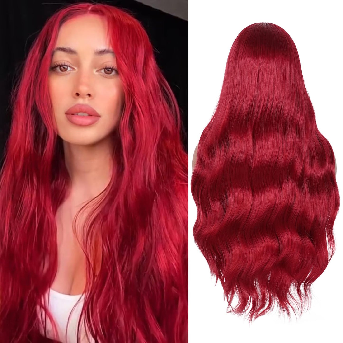FAVE Red Wigs for Women Mermaid Waves Synthetic Wig 28 Inches Middle Part Long Wavy Red Wig Natural Looking Heat Resistant Wig f