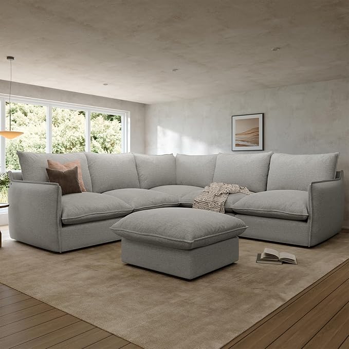Gtilzria Waterproof Cloud Sectional Couches for Living Room,High Backrest Down Filled Couch,6 Seater Oversized Modular U-Shaped Sofas with Ottoman,Detachable Sofa Covers,Light Grey