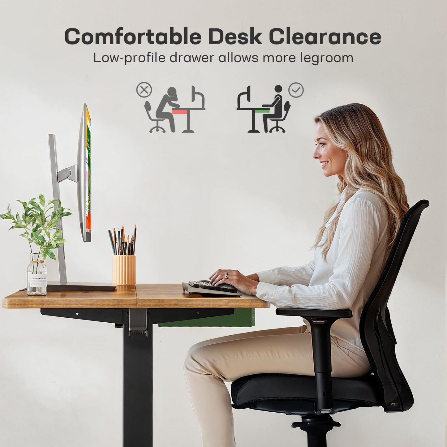 Marsail 55x24 Electric Standing Desk with Drawer, Computer Desk, Sit Stand Office Table with Storage & Hooks & Cable Management, Ergonomic Height Adjustable Table for Home Office, Brown