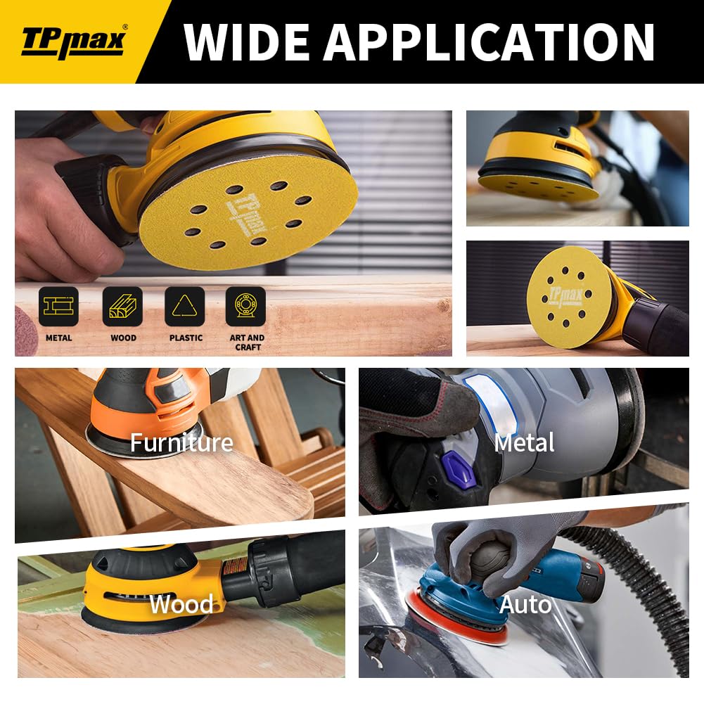 100PCS 5 Inch 220 Grit 125mm 8 Hole Sanding Discs Sandpaper - Premium Gold Round Hook and Loop for Random Orbital Sander - Ideal for Wood, Metal, Automotive