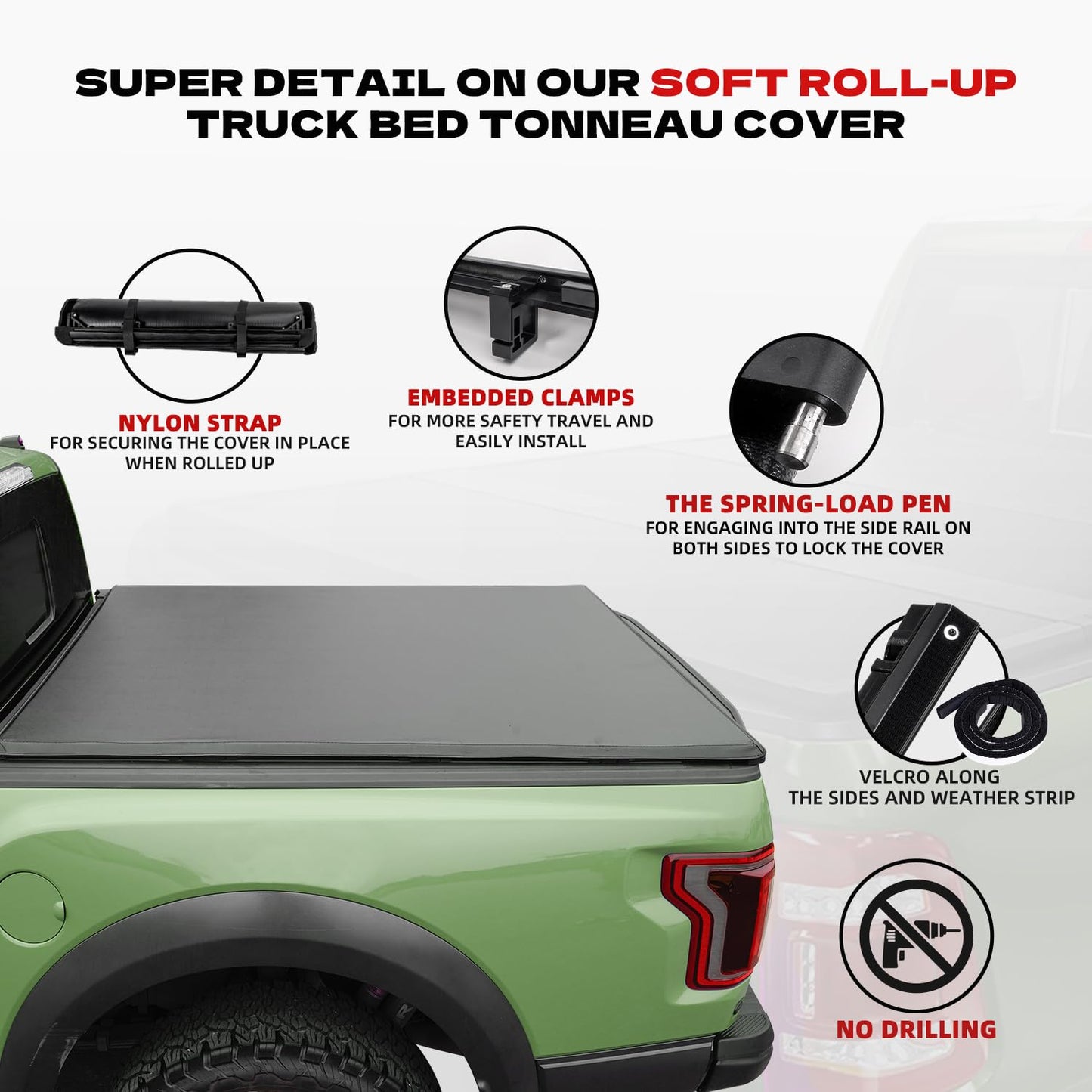 Aurorasters Soft Roll Up Truck Bed Tonneau Cover Compatible with 2019-2025 Ram 1500 New Body (Excl. Classic) | 6'4" (76") Bed w/o RamBox