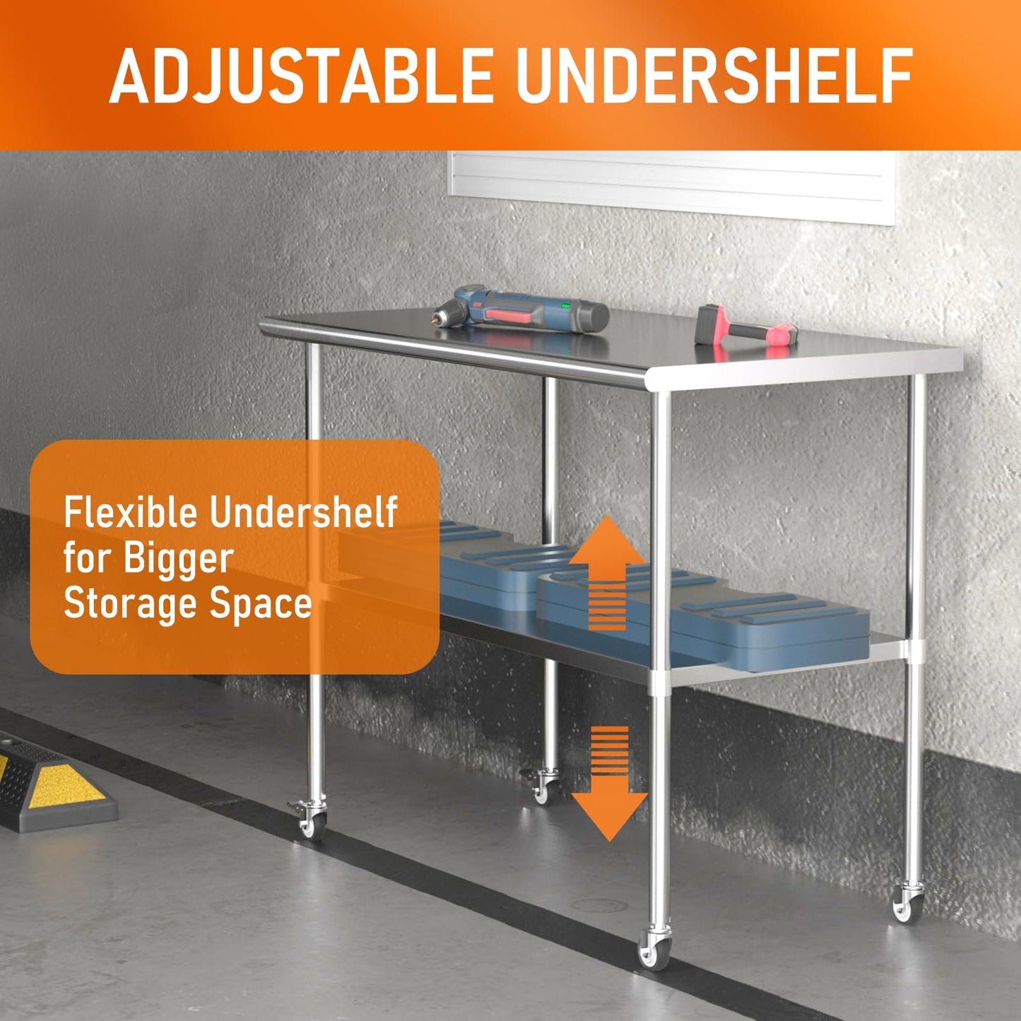 HOCCOT Stainless Steel Table with Wheels 30" x 48" Utility Worktable with Adjustable Undershelf for Commercial Kitchen, Garage, Restaurant