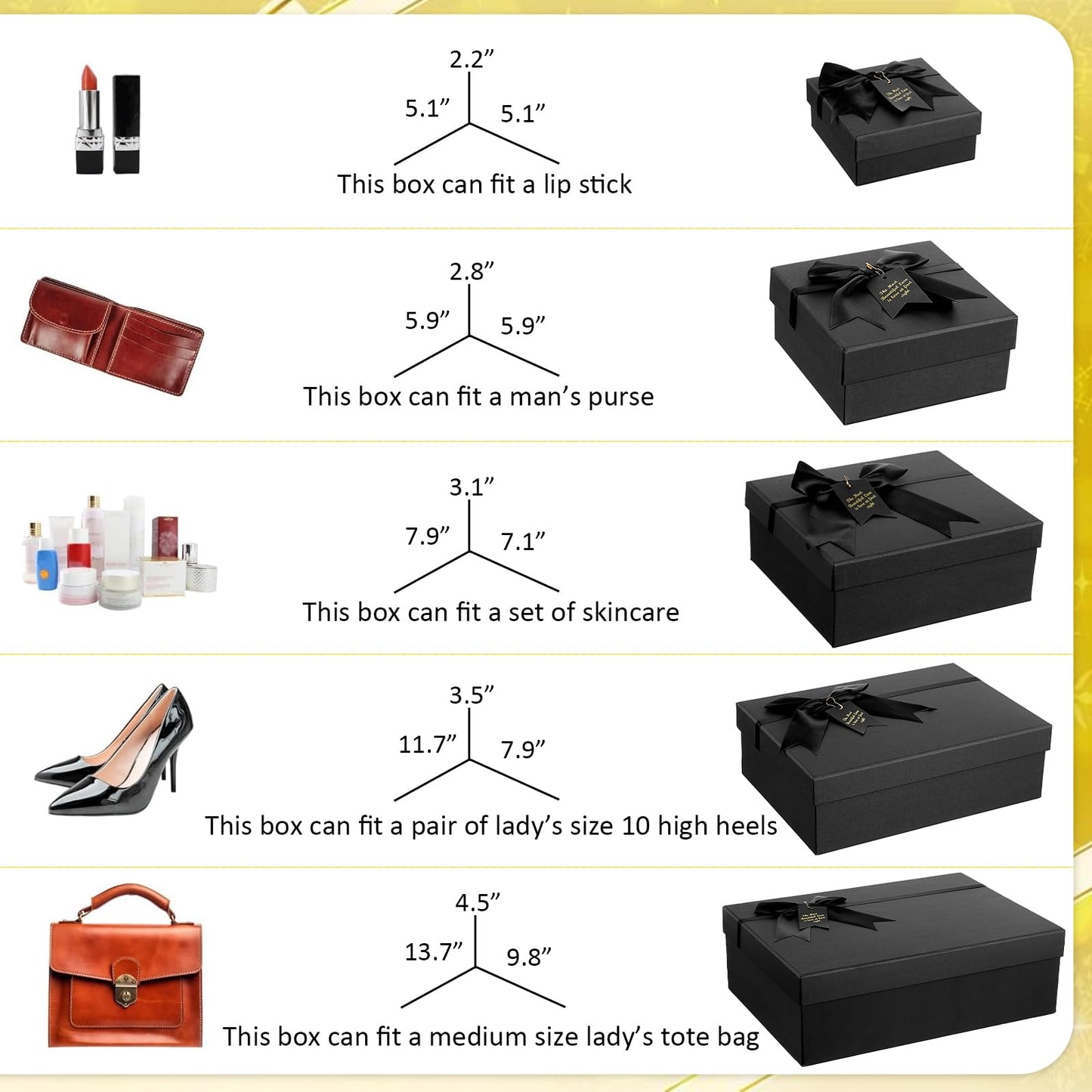 5 Pack Black Nested Gift Boxes with Lid for Valentine's Presents, 5 Sizes Luxury Packaging Box with Ribbon Bows and Label Gift Wrap for Thanksgiving Birthday, Weddings, Mother's Day 13.7'' to 5.1''