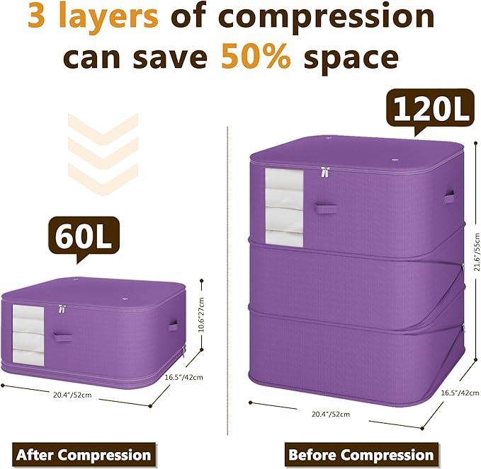 3-piece compressed clothes storage bags, foldable wardrobe storage bags, large-capacity with handles, suitable for sweaters, bed sheets, blankets, down quilts, pillows, toys, etc.（purple）