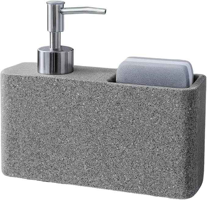 Havara Dish Soap Dispenser with Sponge Holder, Granite Resin Kitchen Soap Pump, One-Handed Non-Slip Countertop Dispenser for Kitchen Sink