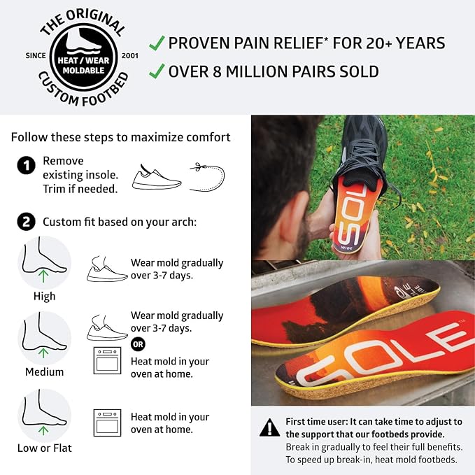 SOLE Performance Medium Wide Insoles - Custom Moldable Orthotic Support for Any Arch Type, Plantar Fasciitis Relief - Mens Size 4/Womens Size 6, 1 Pair
