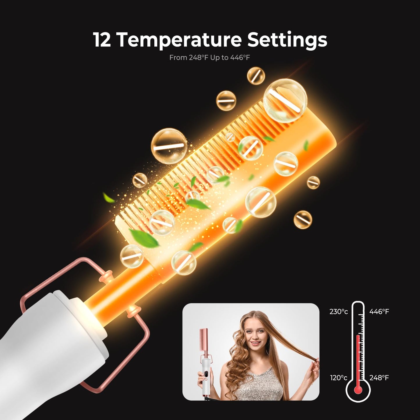 Hot Comb,Straightener and Curling Iron 2 in 1,110-240V Hair Culer for Wigs with 12 Temp Settings,Flat Iron Comb for Black Hair,H