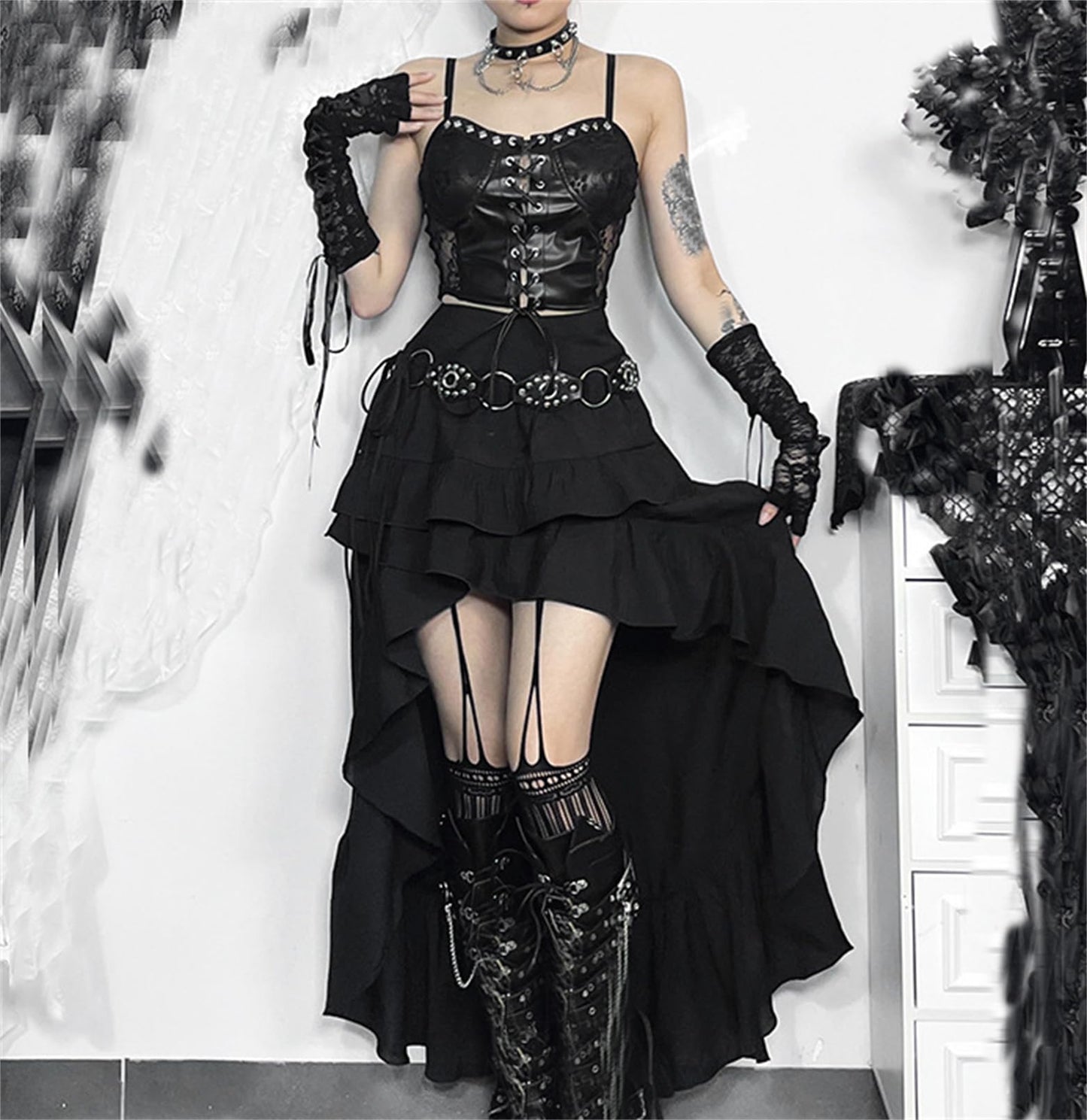 TOMETO STAR Goth Black Long Maxi Skirt for Women Asymmetrical Ruffle Renaissance