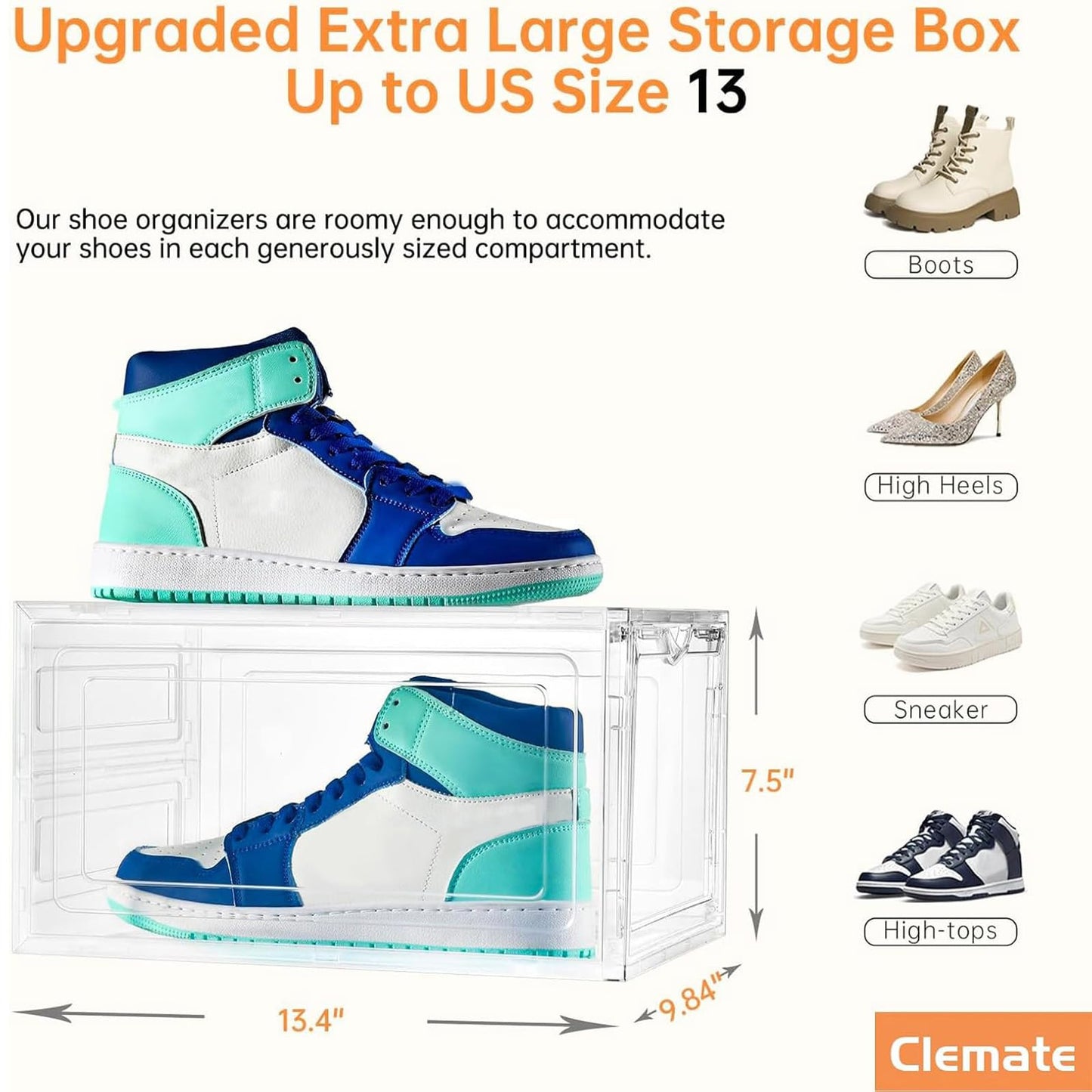 Clemate Upgraded X-Large Shoe Organizer,Shoe Storage Organizer,12 Pack,Shoe Box Clear Plastic Stackable,Drop Front Shoe Box with Clear Door, Shoe Containers For Sneaker Display,Fit up to US Size13