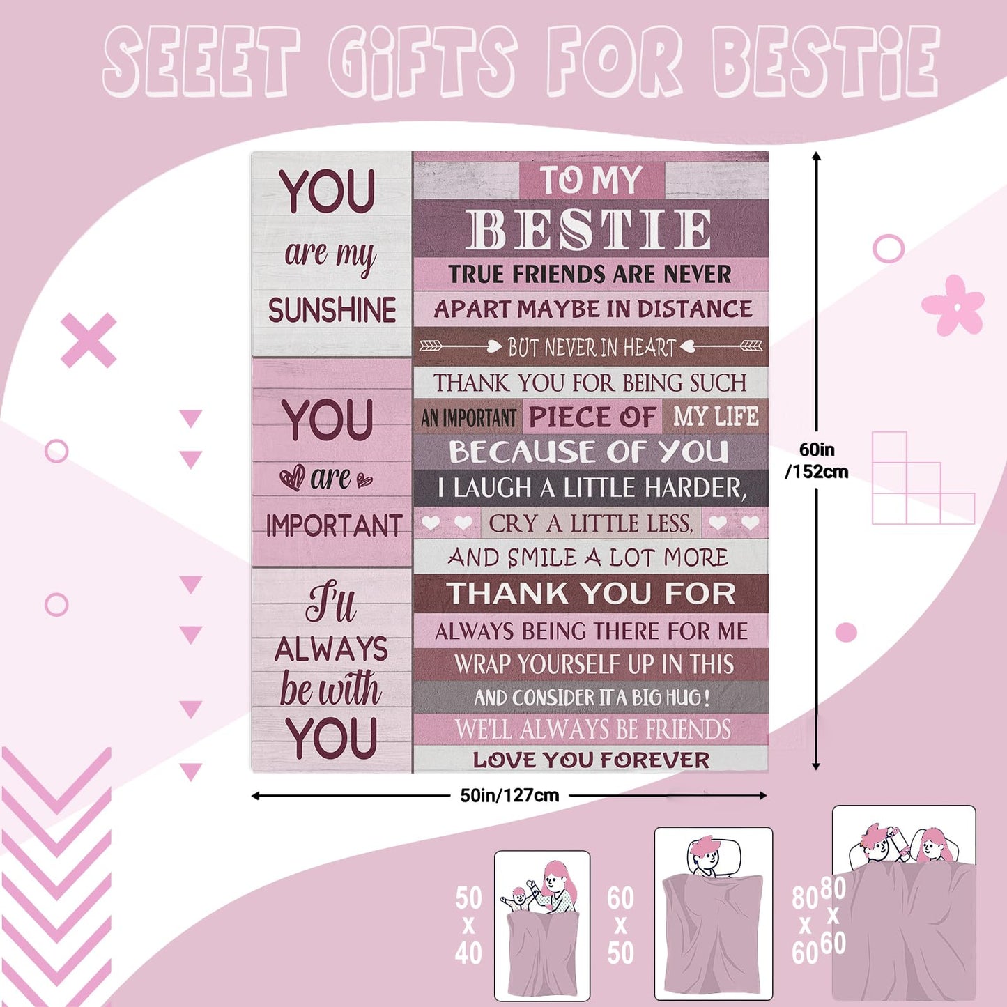 Pozevan Best Friend Birthday Gifts, Bestie Gifts for Women, Friendship Present, Soul Sister Gifts Ideas Blanket (60x50 Inches)
