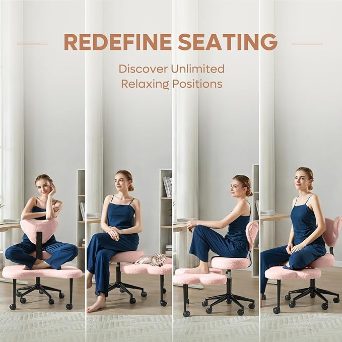 Nost & Host Cross Legged Office Chair with Wheels, 4INCH ADHD Chair for Adults, Meditation Chair, Height Adjustable Seat, Yoga Chair, Teddy Fabric, Pink