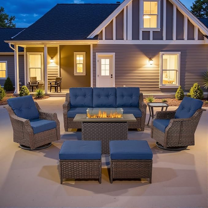 Belord 4" Thick Cushion 7 Piece Patio Furniture Set with Fire Pit Table, High Back Outdoor Swivel Rocker Patio Chairs Set of 2, All-Weather Conversation Set for Yard Garden Brown Wicker/Blue Cushion