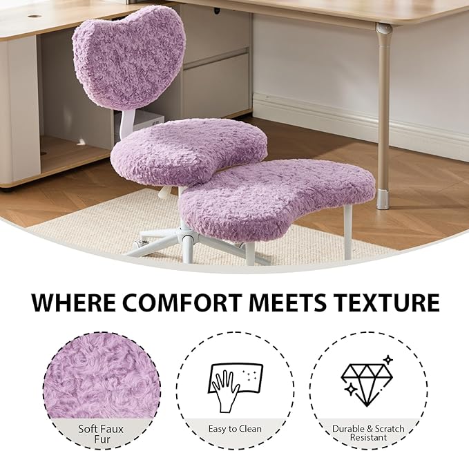 Cross Legged Office Chair with Wheels–360°Swivel Meditation Chair, Adjustable Height Yoga Office Chair for Adults, Ergonomic Kneeling Chair with Back Support for ADHD, Faux Fur, Violet