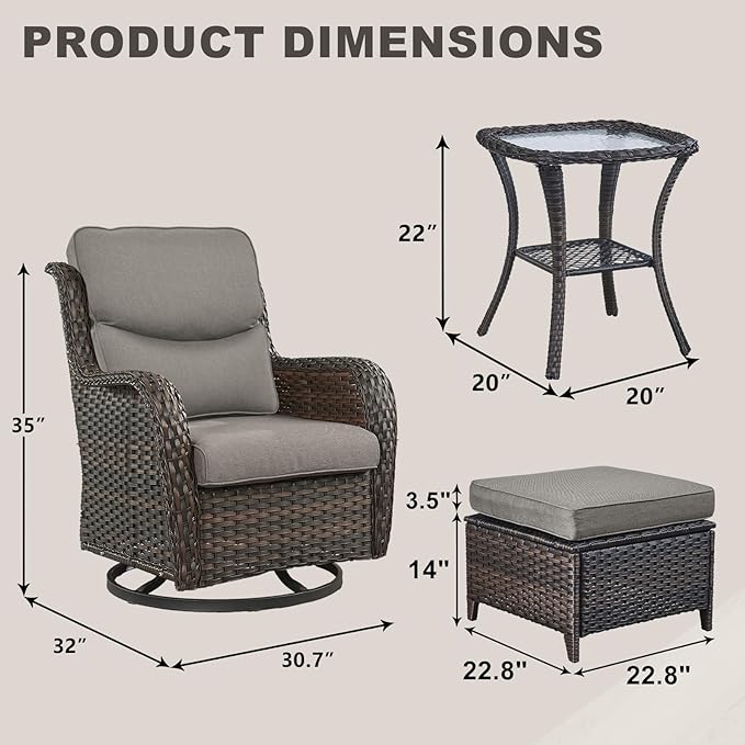 Rilyson Wicker Patio Furniture Set - 5 Piece Rattan Outdoor Sectional Conversation Sets with 2 Swivel Rocking Chairs,2 Ottomans and 1 Side Table for Porch Deck Garden(Brown/Grey/Smile)