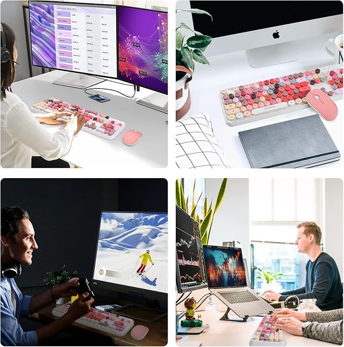 FOPETT Wireless Keyboard and Mouse Sets,Reliable 2.4 GHz Connectivity for PC,Laptop,Smart TV and More (White Colorful)