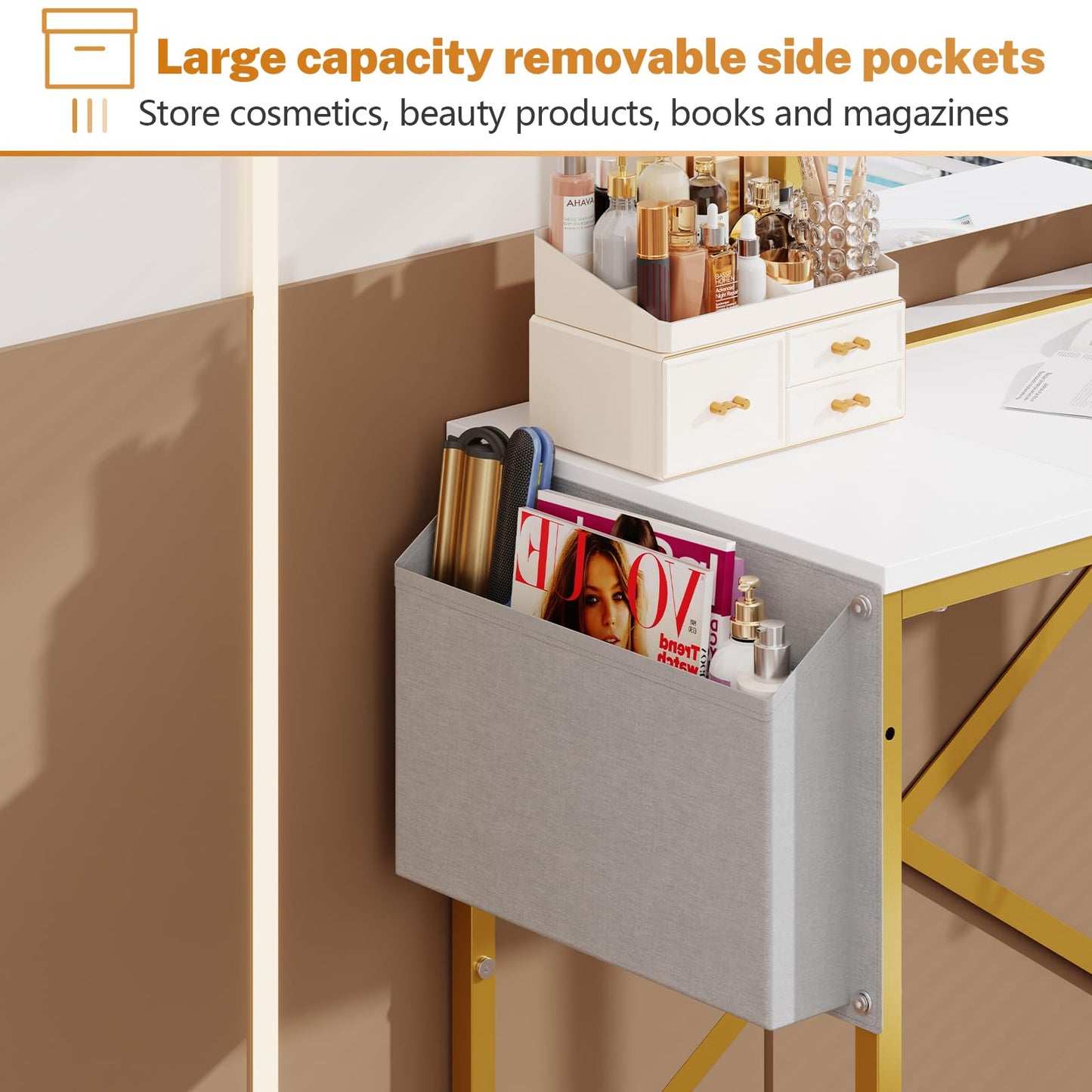 Makeup Vanity Set with 360°Rotating Mirror amd PU Leather Chair, Compact Small Vanity Desk with Side Pocket for small space, Dressing Table for Bedroom, Cheap Gold and White Vanity for Girls and Women