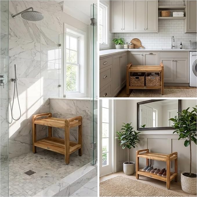 EcoDecors Eleganto 24 Inch Natural Color Waterproof Teak Wood Shower Bench Stool Seat Chair For Inside Shower Provides Safety, Storage, and Organization For Bathroom Accessories