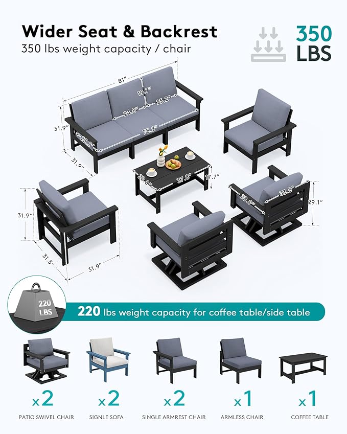 SERWALL HDPE Outdoor Patio Furniture Set, 8-Piece Outdoor Sectional Sofa with 2 Swivel Sofas with Thick Cushions for Deck, Black Frame with Gray Cushions