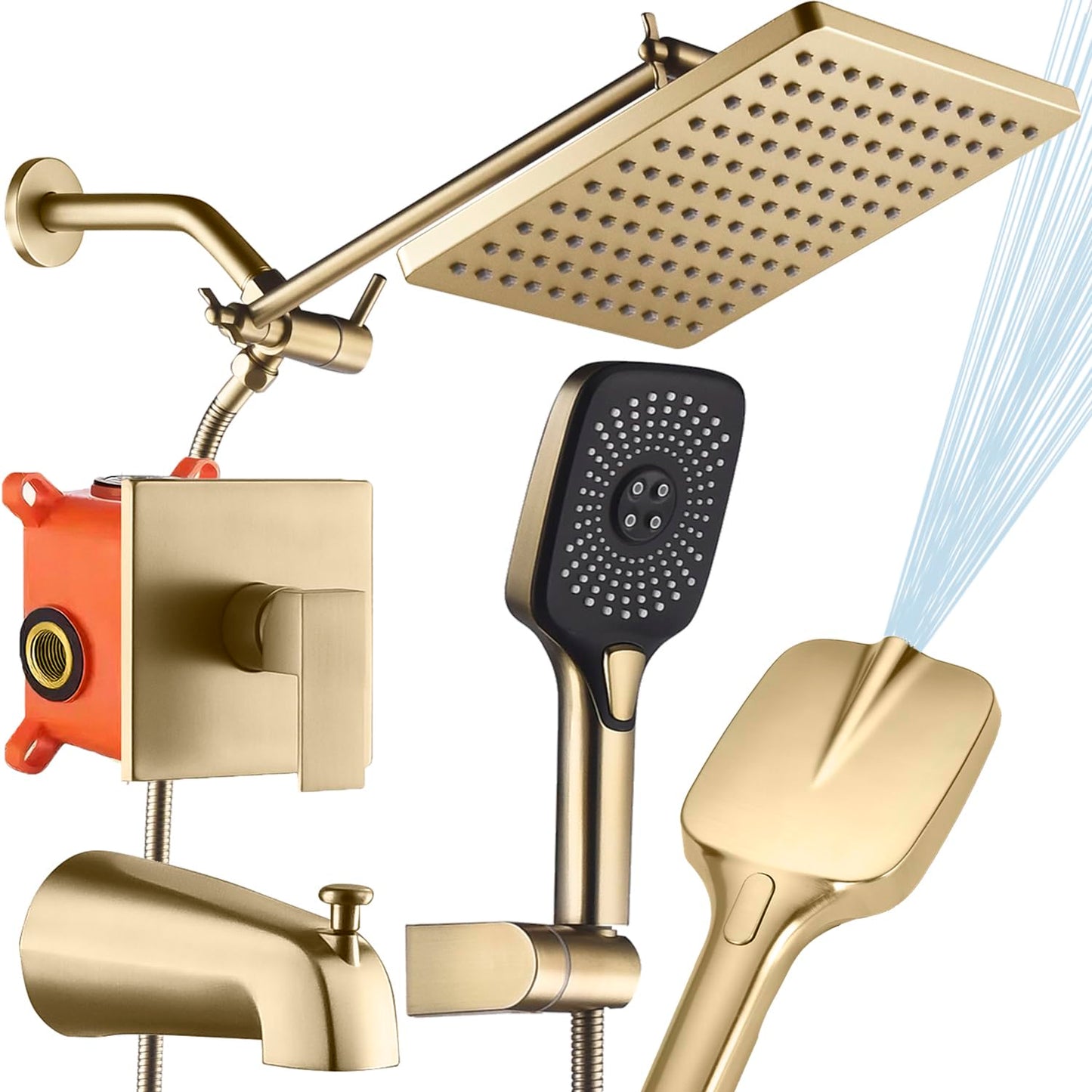 SUNZOE Shower Faucet Set with Tub Spout Brushed Gold 10 Inch Rainfall Shower 4 Setting Spray Mixer Shower System Modern Luxury Wall Mounted Tub Shower Faucet Set Rough-in Valve Body (Brushed Gold)