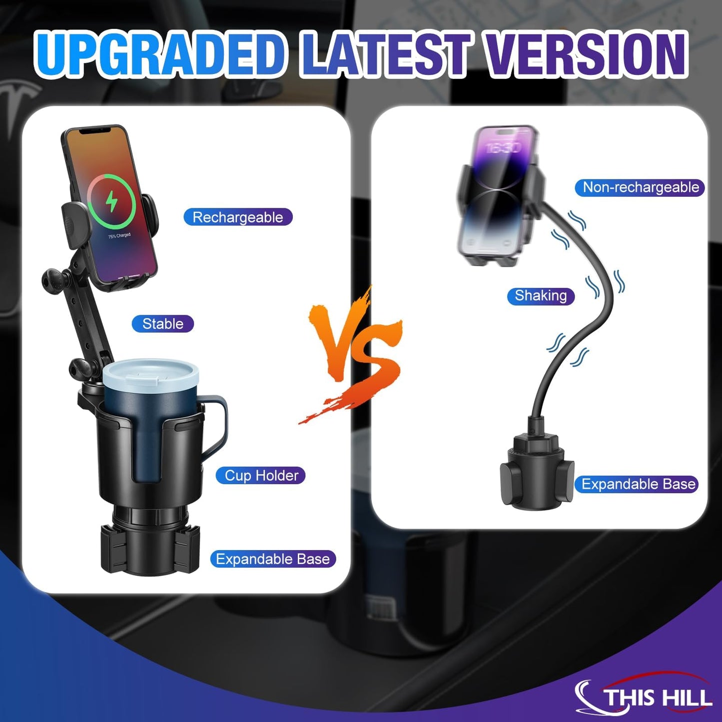 This Hill Cup Holder Phone Charger, 15W Fast Charging Auto Clamping, Phone Holder For Cup Holder Charger With Adjustable Base &