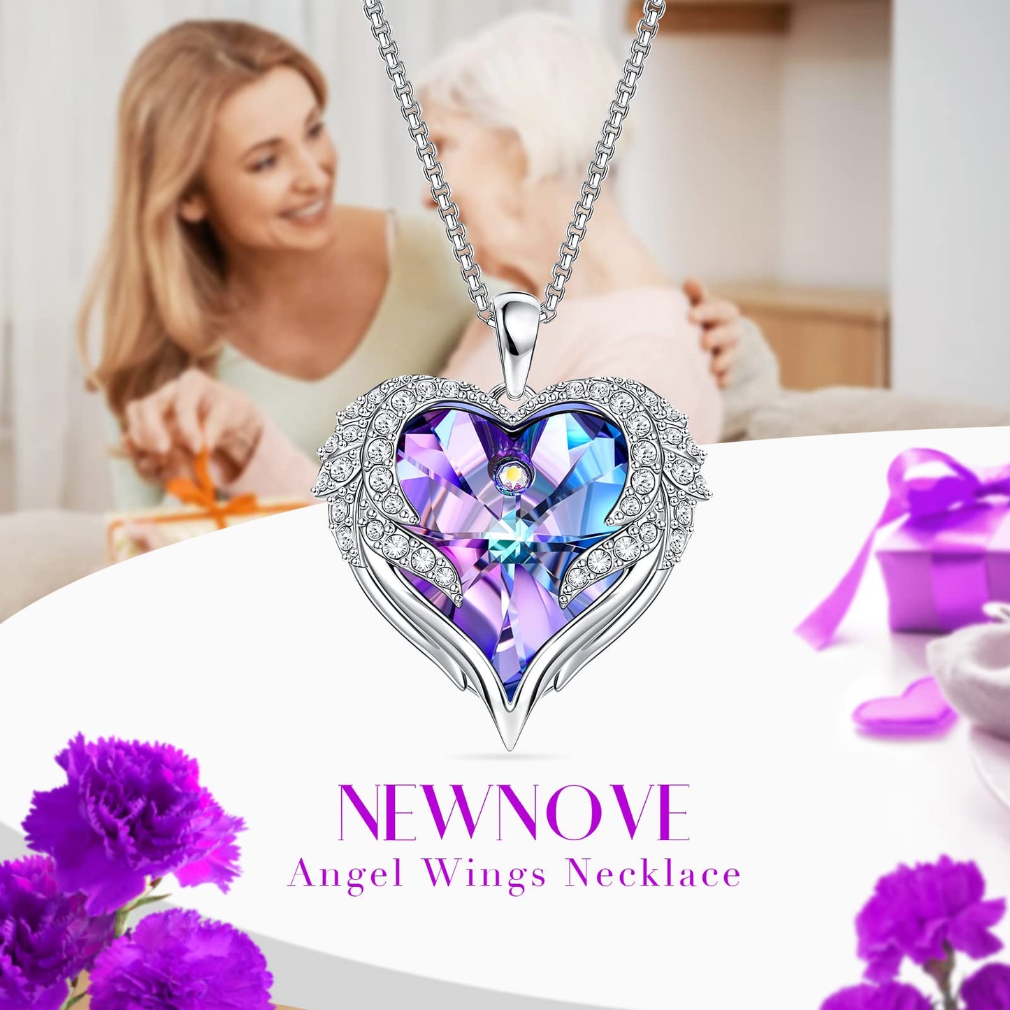Preserved Real Purple Rose with Angle Wings Necklace, Forever Flowers Gifts for Mom Grandma Wife Girlfriend at Christmas Valentines, Anniversary Birthday Gifts for Women, I Love You Gifts for Her