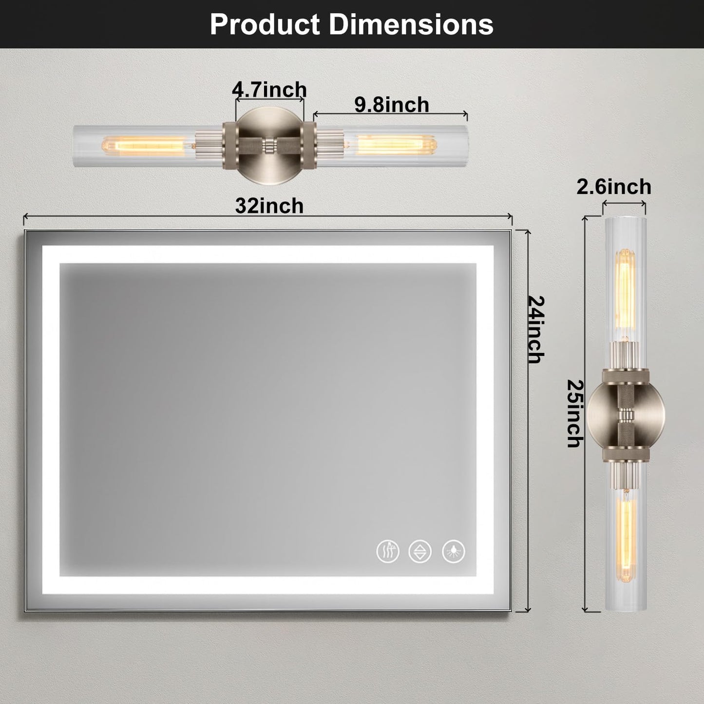 LaLuLa 2-Light Brushed Nickel Vanity Wall Lights Set of 2 –Hardwired Bathroom Light Fixtures with Rippled Glass Shades and Textured Metal Body, Chrome Accent Sconces for Over Mirror or Hallway