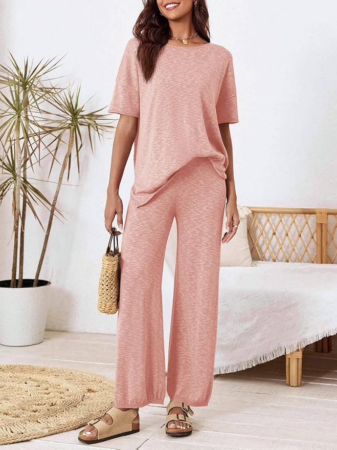 Tankaneo Women's 2 Piece Travel Outfits Casual Short Sleeve Knit Sweater Set Wide Leg Pants Lounge Sets Tracksuit