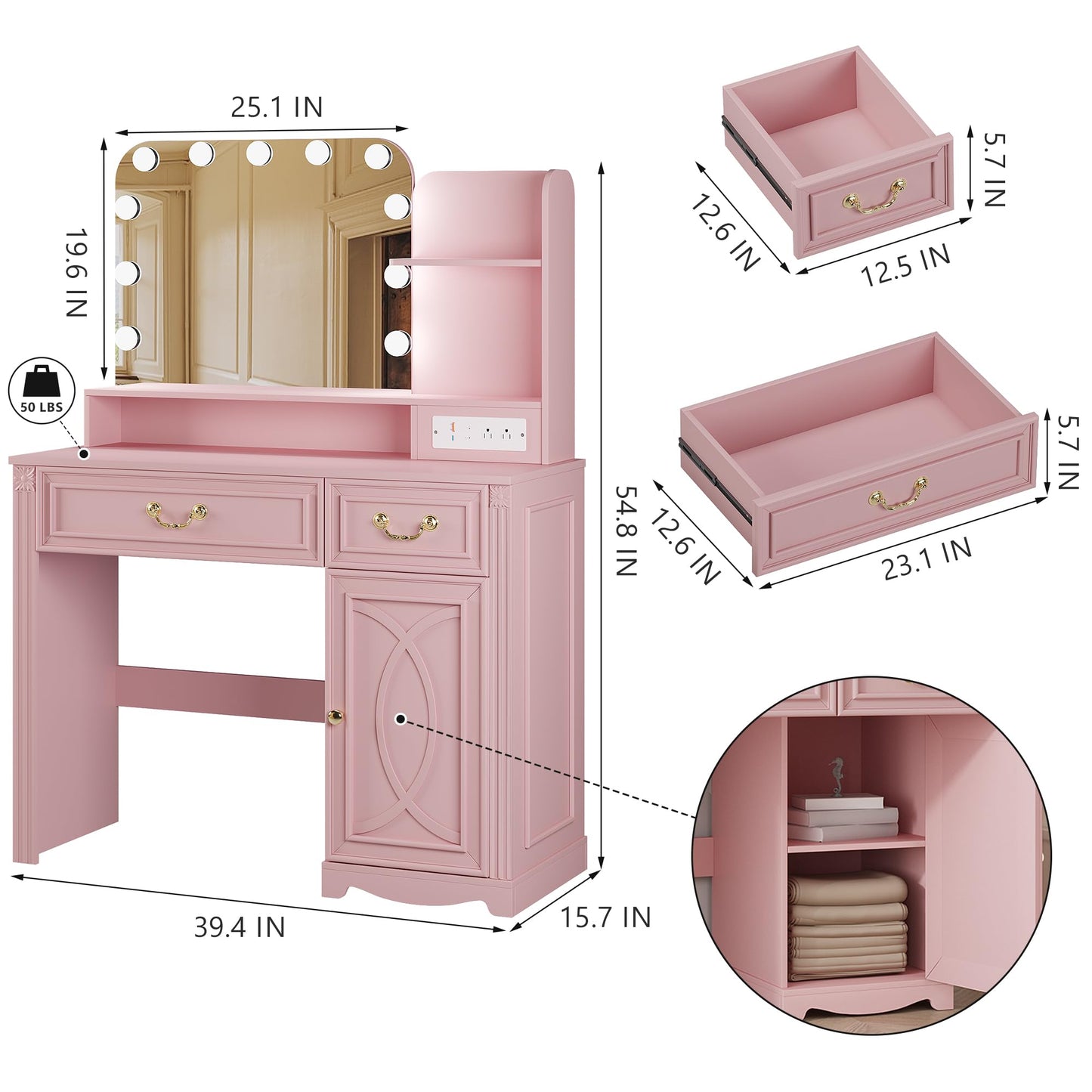 Lareth Makeup Vanity Desk with Lighted Mirror, 39.4 inch Vanity Table with Power Outlet, Bedroom Dressing Table, Adjustable Lights & 1 Cabinet 2 Drawers, Gifts for Teen Girls Women, Light Pink
